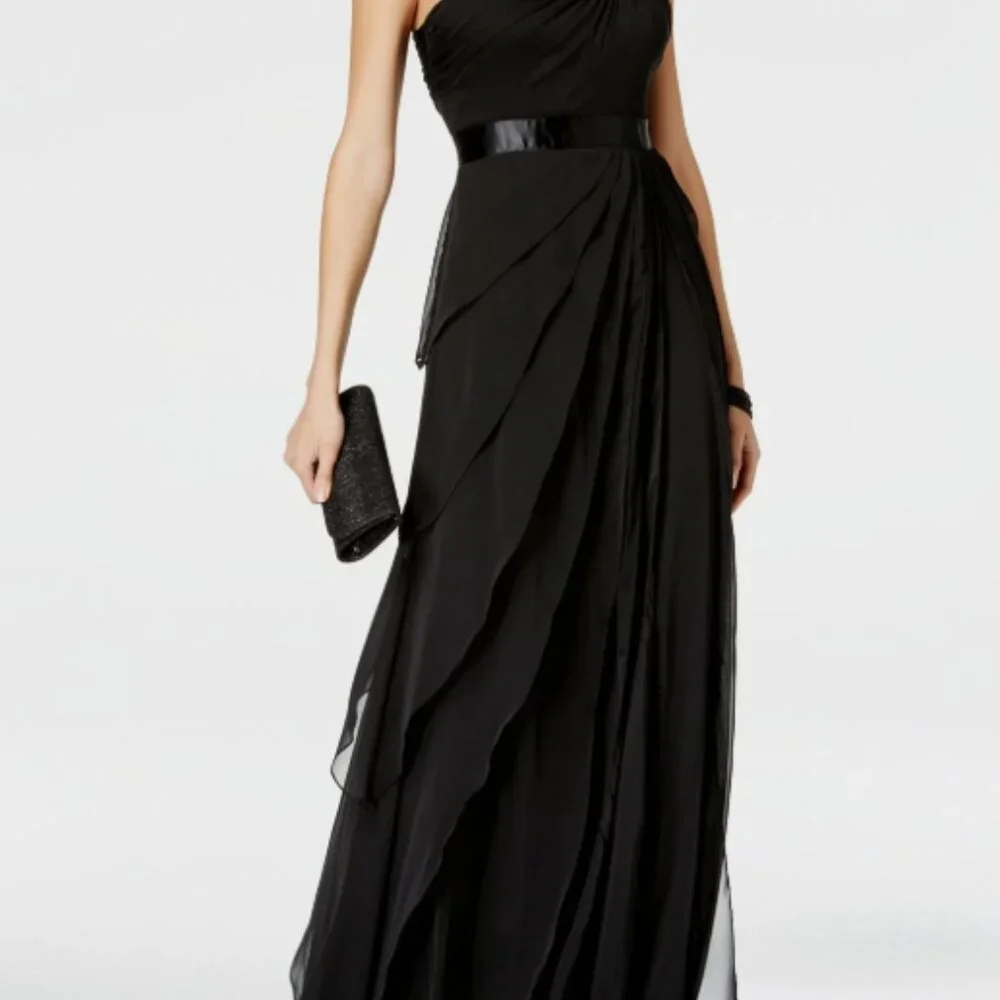 Adrianna Papell One-Shoulder Tiered Chiffon Gown Black 2 - Picture 4 of 4